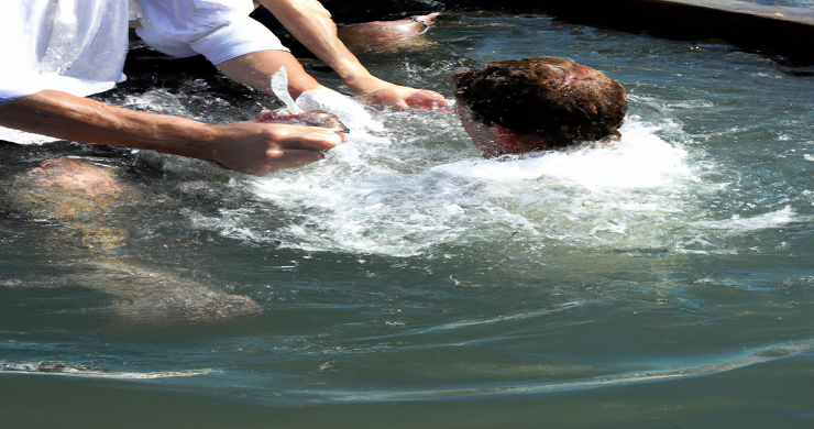 Picture of a person dressed in white being baptized by full emersions